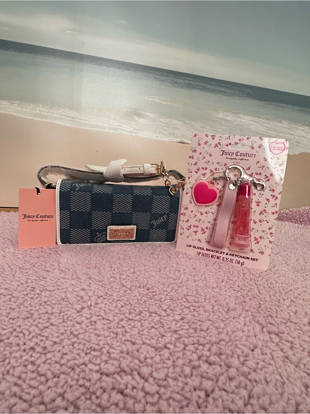 Juicy Couture Blue Check Wristlet with Pink Lip Gloss Keychain Set